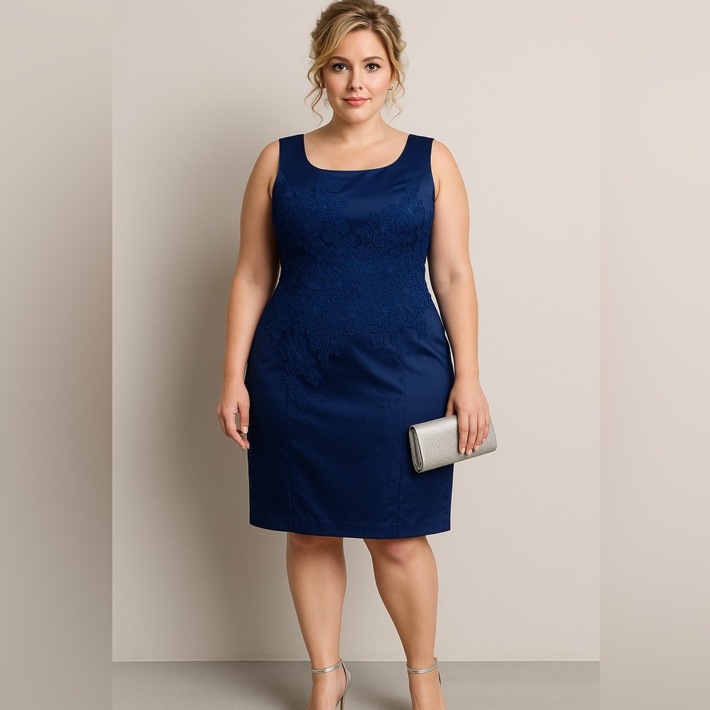 Navy Blue Cocktail Dress with Floral Appliqué